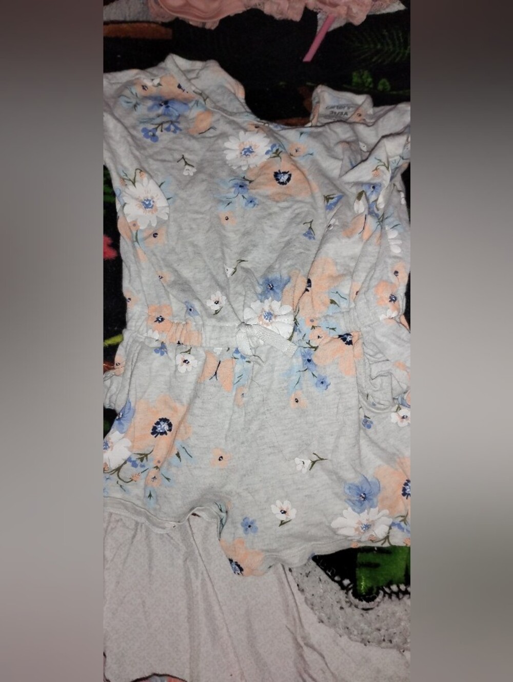 Toddler Floral Drawstring Waist Romper- Light Gray with Peach & Blue Flowers
